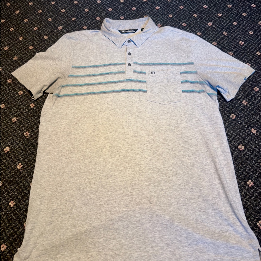 Travis Mathew Light Gray Polo with Teal Stripes